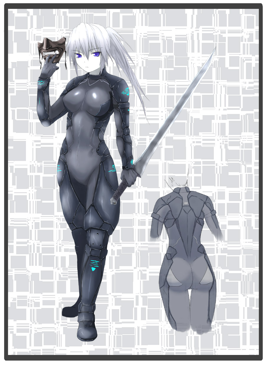 onibi (foxhound4185), raiden (metal gear), metal gear (series), metal gear solid 4: guns of the patriots, silver hair, gender request, highres, 1girl, armor, ass, blue eyes, bodysuit, breasts, genderswap, large breasts, long hair, mask, multiple views, pale skin, ponytail, sword, turnaround, weapon