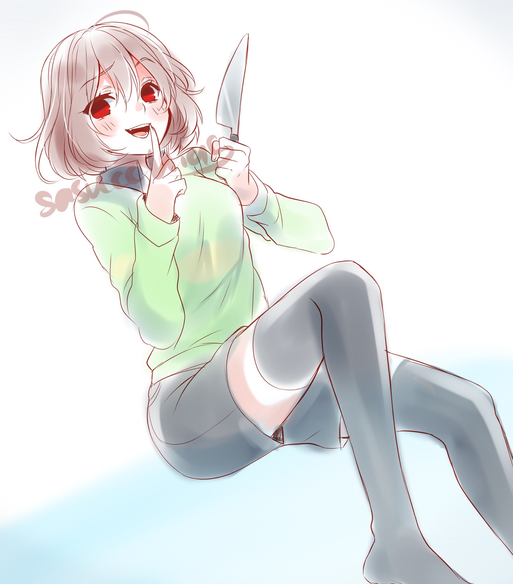 sasucchi95, chara (undertale), undertale, utdr (toby fox), commentary, english commentary, highres, 1girl, :d, aged up, ahoge, artist name, black shorts, black thighhighs, blush, breasts, brown hair, clenched hand, collared shirt, double-parted bangs, dutch angle, feet out of frame, finger to mouth, from below, genderswap, genderswap (otf), green sweater, hair between eyes, hands up, index finger raised, knee up, long sleeves, looking at viewer, medium breasts, no pupils, no shoes, open mouth, puffy long sleeves, puffy sleeves, raised eyebrow, red eyes, shirt, short hair, shorts, simple background, smile, solo, striped clothes, striped sweater, sweater, teeth, thighhighs, tongue, two-tone sweater, white background, yellow sweater