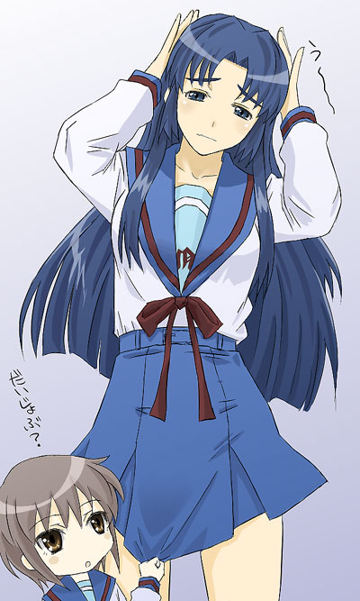 asakura ryoko, nagato yuki, suzumiya haruhi no yuuutsu, translation request, 00s, 2girls, blue eyes, blue hair, chibi, headache, holding detached head, long hair, multiple girls, parted bangs, school uniform, serafuku