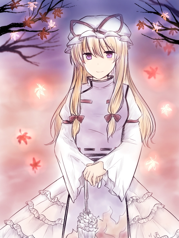 koto (shiberia39), yakumo yukari, touhou, 1girl, autumn leaves, blonde hair, bow, bowtie, dress, falling leaves, frilled dress, frills, hat, hat ribbon, holding, holding umbrella, leaf, long dress, long hair, mob cap, purple tabard, red bow, red bowtie, red ribbon, ribbon, solo, standing, tabard, twintails, umbrella, white dress, white hat