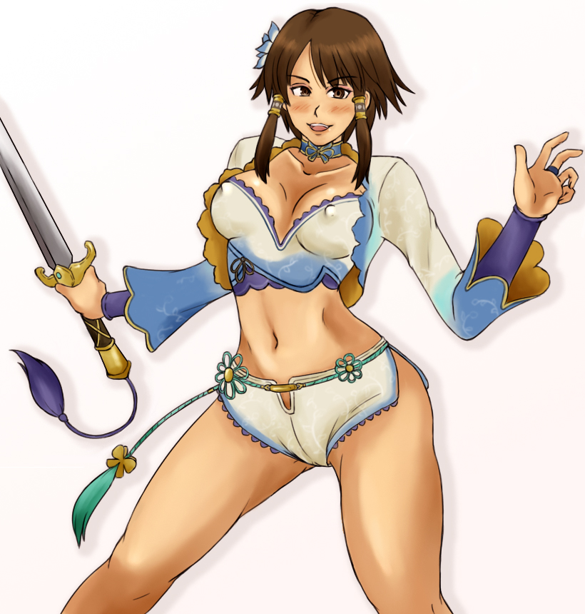 momo 765, rirakukan, chai xianghua, soul calibur, soulcalibur, soulcalibur iv, bad id, bad pixiv id, 1girl, :d, blush, breasts, brown eyes, cameltoe, choker, cleavage, collarbone, covered erect nipples, female focus, hair tubes, holding, holding sword, holding weapon, large breasts, looking at viewer, midriff, navel, open mouth, simple background, smile, solo, stomach, sword, tassel, weapon, white background