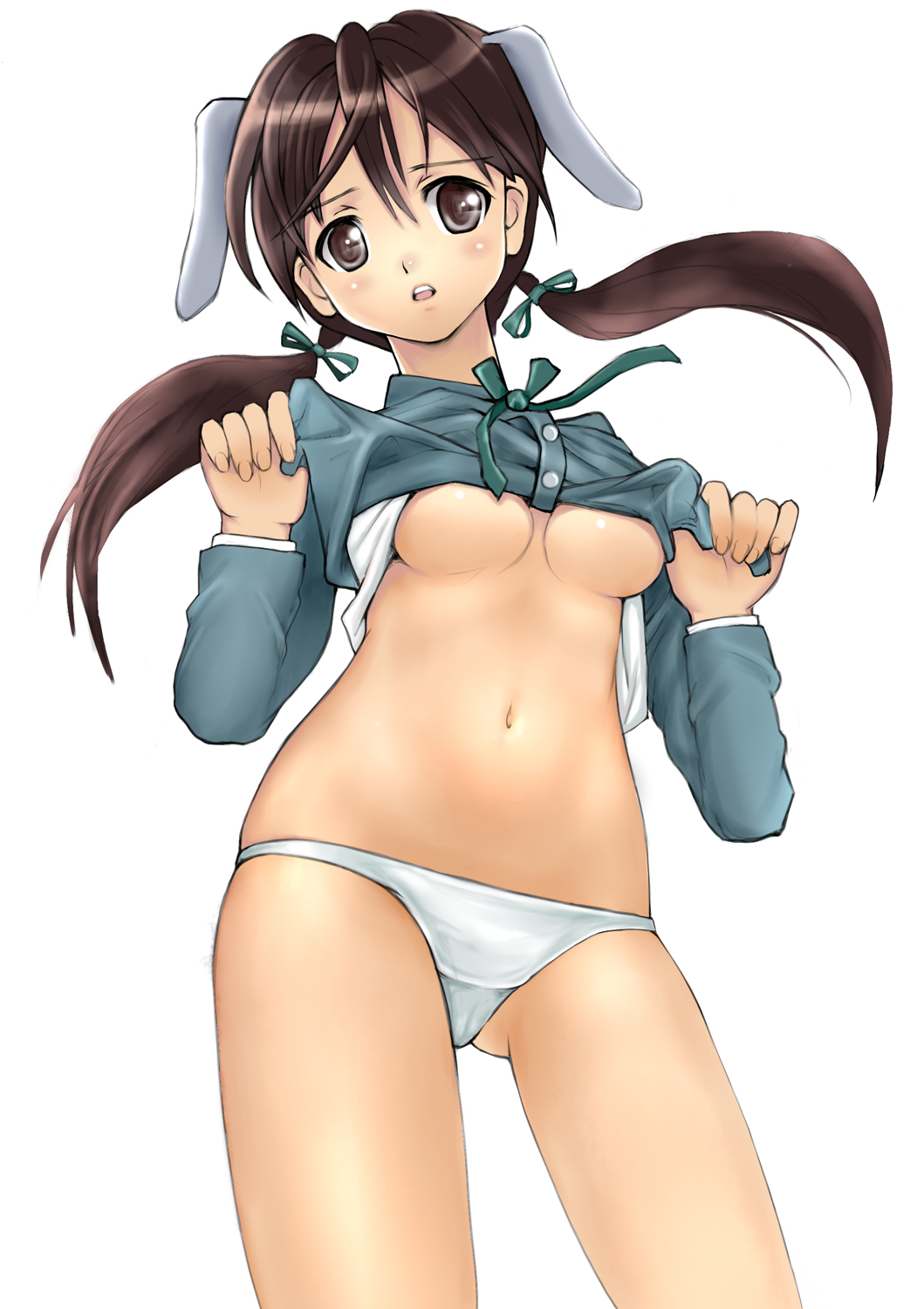 kouhei (sxmas), gertrud barkhorn, strike witches, world witches series, highres, 00s, 1girl, animal ears, breasts, brown eyes, brown hair, cameltoe, clothes lift, female focus, medium breasts, panties, shirt lift, solo, twintails, underboob, underwear