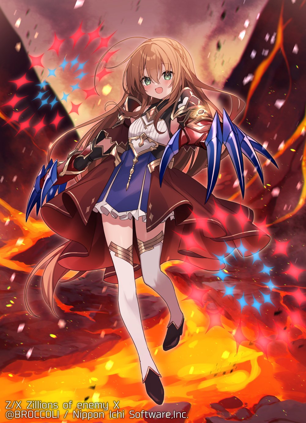 saiki komari, z/x, highres, official art, 1girl, ahoge, armpits, black shoes, braid, brown hair, claw (weapon), copyright notice, crown braid, dress, frilled dress, frills, green eyes, kurashiki sera, lava, long hair, open mouth, shoes, solo, thighhighs, very long hair, volcano, weapon, white thighhighs