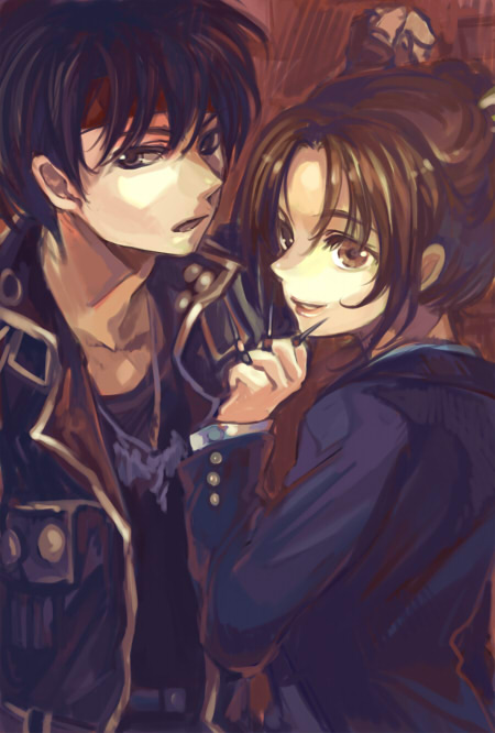 ame yamori, constance magee, orphen, majutsushi orphen, bad id, bad pixiv id, 1boy, 1girl, black hair, brown eyes, brown hair, headband