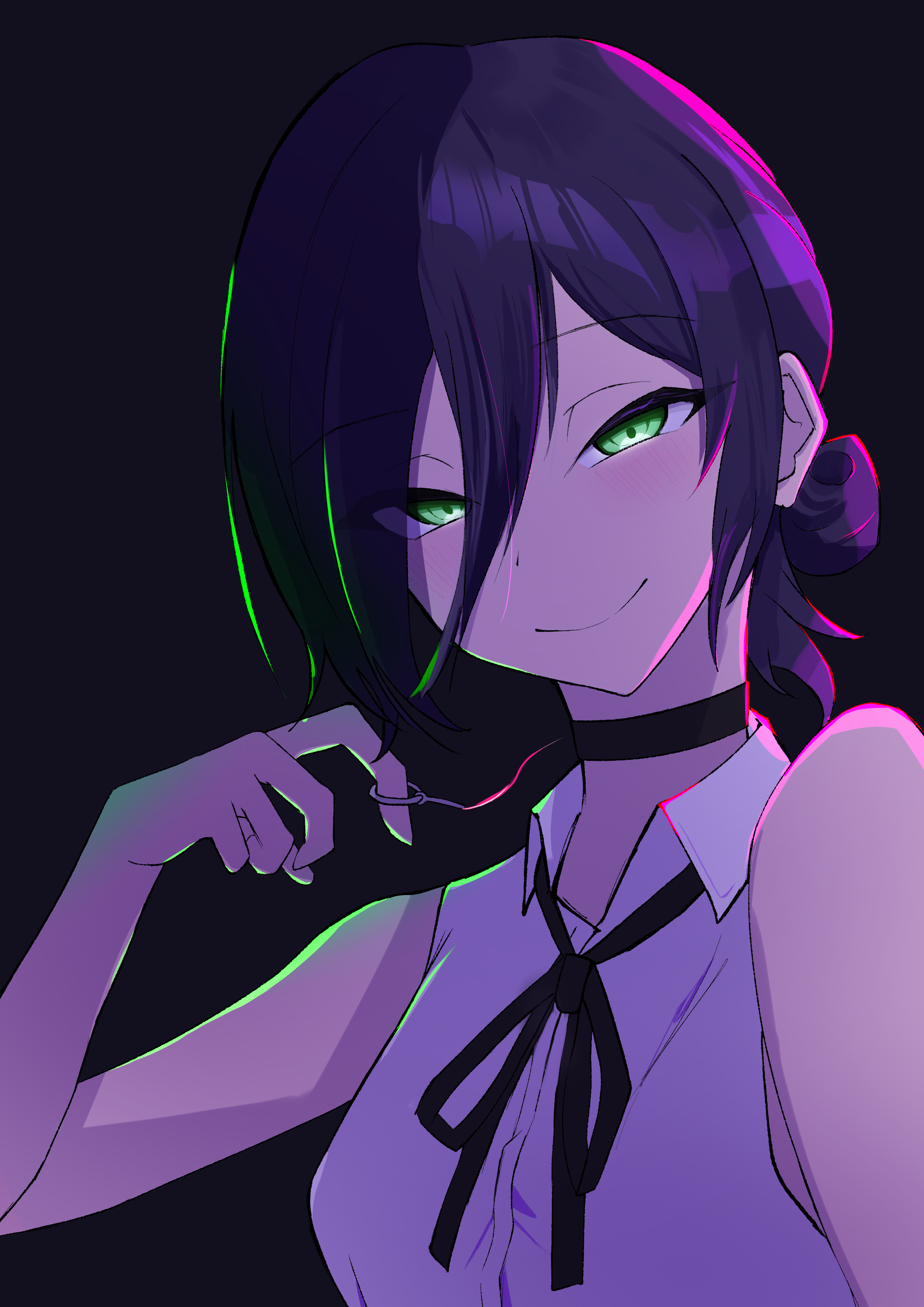 tobari 007, reze (chainsaw man), chainsaw man, absurdres, commentary request, highres, 1girl, black background, black choker, black ribbon, choker, closed mouth, green eyes, grenade pin, hair between eyes, hair bun, purple hair, ribbon, shirt, simple background, sleeveless, sleeveless shirt, smile, solo, white shirt