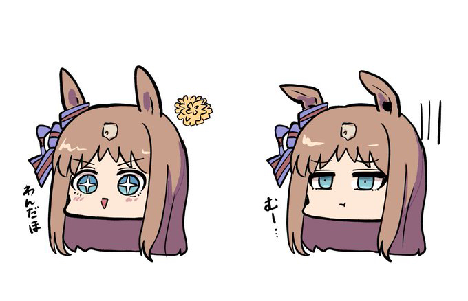 kawamochi (tddm3573), grass wonder (umamusume), umamusume, translation request, + +, 1girl, :>, :t, animal ears, blue eyes, blush, bow, brown hair, closed mouth, ear bow, ears down, flower, head only, horse ears, long hair, multicolored hair, multiple views, parted lips, pout, simple background, striped bow, triangle mouth, two-tone hair, v-shaped eyebrows, white background, yellow flower