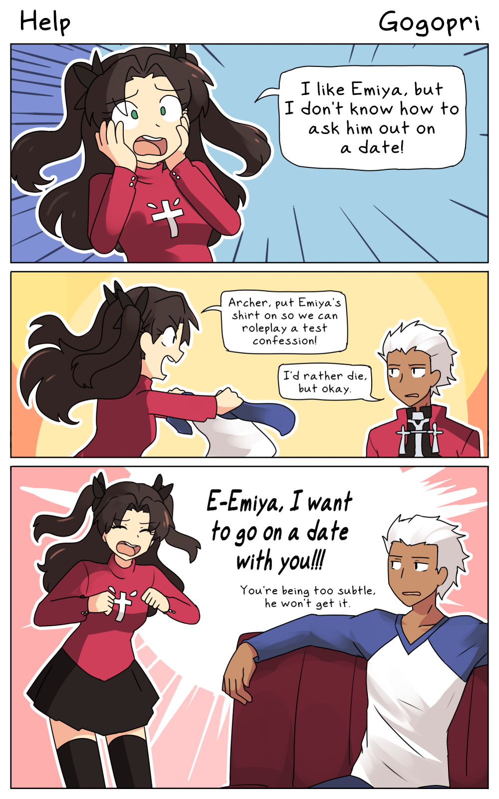 gogopri, archer (fate), tohsaka rin, fate/stay night, fate (series), highres, 1boy, 1girl, black hair, black ribbon, black skirt, black sleeves, black thighhighs, dark-skinned male, dark skin, long hair, long sleeves, red sweater, ribbon, skirt, sweater, thighhighs, turtleneck, twintails, white hair