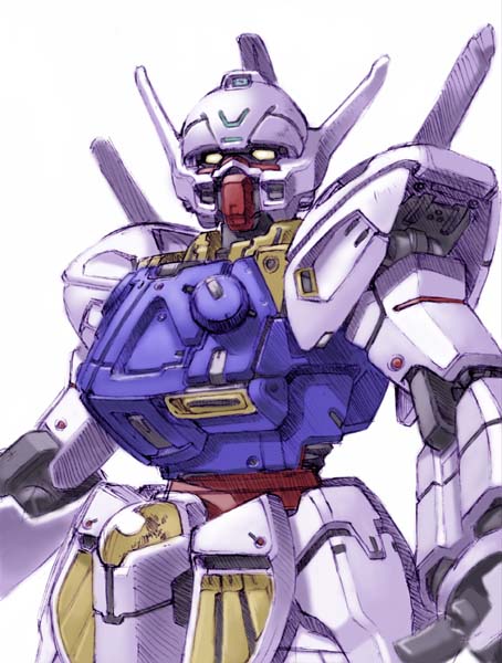 tanimeso, turn a gundam (mobile suit), gundam, turn a gundam, armor, blurry, cowboy shot, depth of field, foreshortening, joints, looking at viewer, mecha, no humans, robot, robot joints, simple background, solo, standing, white background, yellow eyes