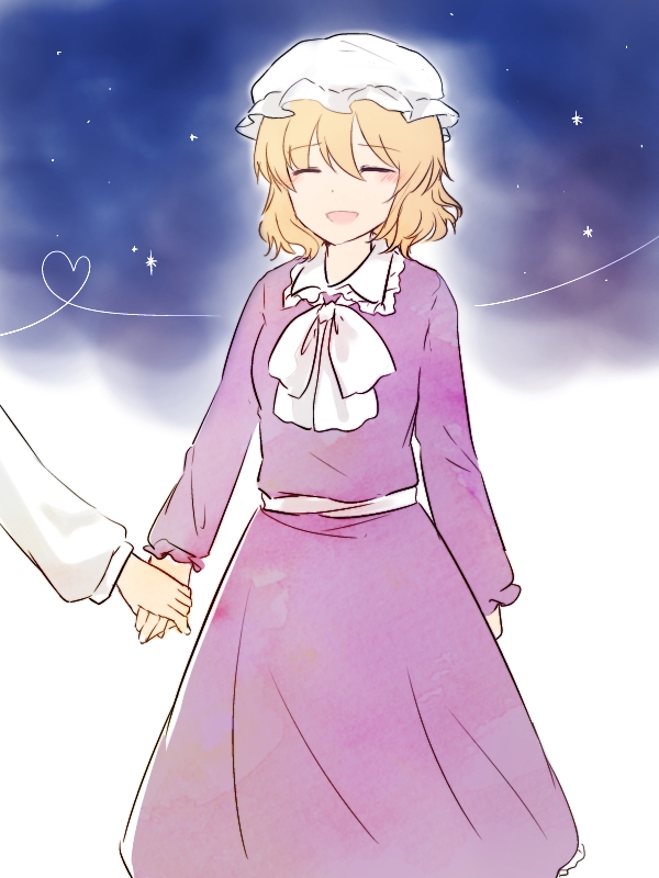koto (shiberia39), maribel hearn, usami renko, touhou, 2girls, :d, blonde hair, blush, bow, closed eyes, collar, dress, frills, hair between eyes, happy, hat, heart, holding hands, long dress, long sleeves, mob cap, multiple girls, night, night sky, open mouth, purple dress, sash, short hair, sky, smile, solo focus, star (sky), string, white bow, white collar, white hat, white sash, white sleeve cuffs, white sleeves, white string, yuri