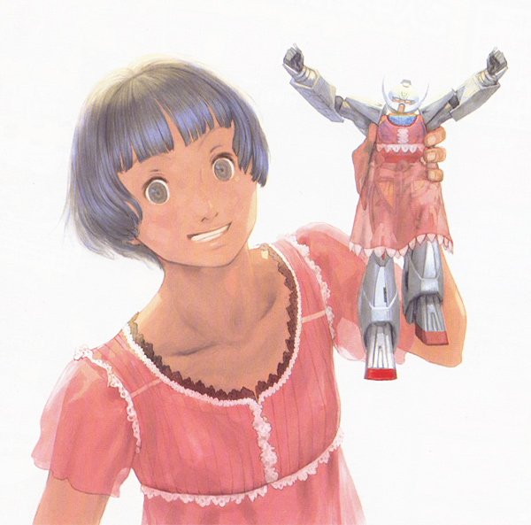 yasuda akira, sochie heim, turn a gundam (mobile suit), gundam, turn a gundam, character doll, doll, dress, faux traditional media, grin, mecha, pun, robot, smile, solo