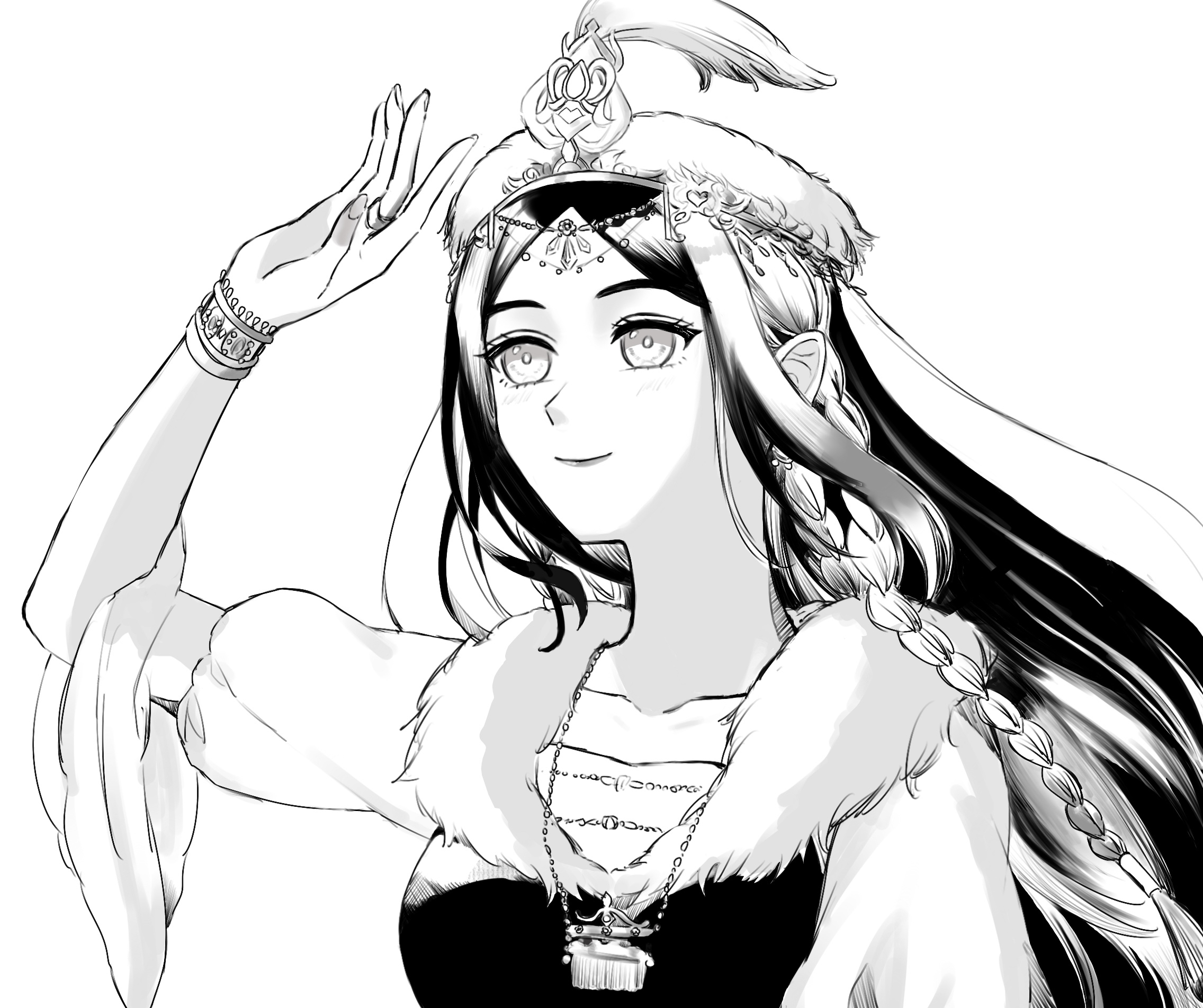 kohanai setsuna, nikki (series), shining nikki, highres, 1girl, bangle, beads, beret, bracelet, braid, circlet, closed mouth, comb, eyelashes, fingernails, floating hair, fur-trimmed vest, fur hat, fur trim, greyscale, hair beads, hair ornament, hand on own head, happy, hat, hat feather, jewelry, juliet sleeves, lipstick, long hair, long sleeves, looking ahead, makeup, monochrome, multicolored hair, necklace, pointy nose, puffy sleeves, ring, shirt, side braids, simple background, smile, solo, streaked hair, stylist (nikki), twin braids, upper body, veil, very long hair, vest, white background, wide sleeves, wind