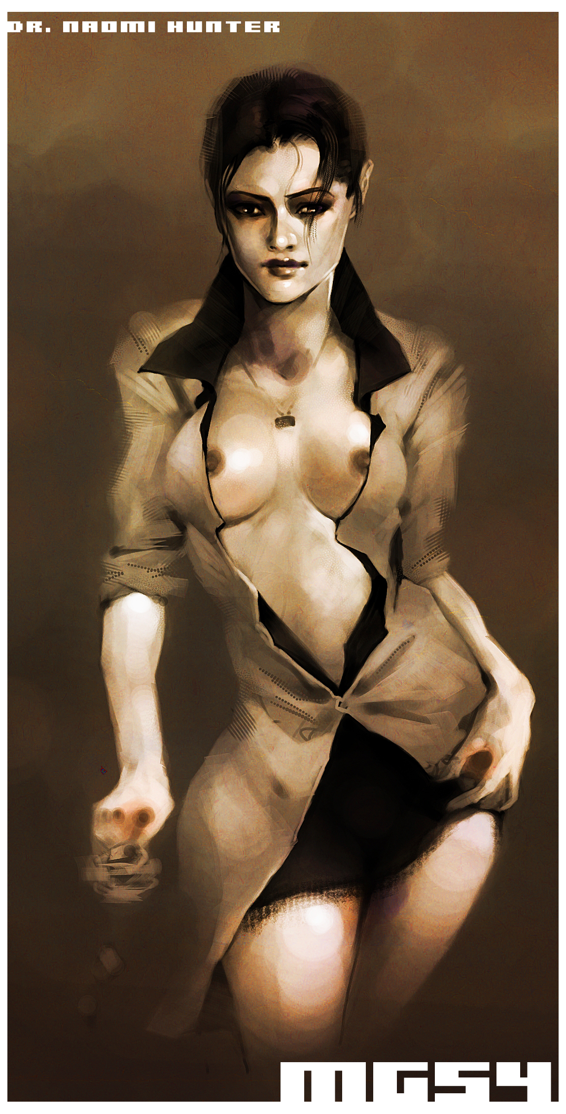naomi hunter, metal gear (series), metal gear solid, metal gear solid 4: guns of the patriots, highres, 1girl, breasts, covered erect nipples, female focus, jewelry, lips, necklace, nipple slip, nipples, open clothes, open shirt, ponytail, realistic, scientist, shirt, skirt, solo
