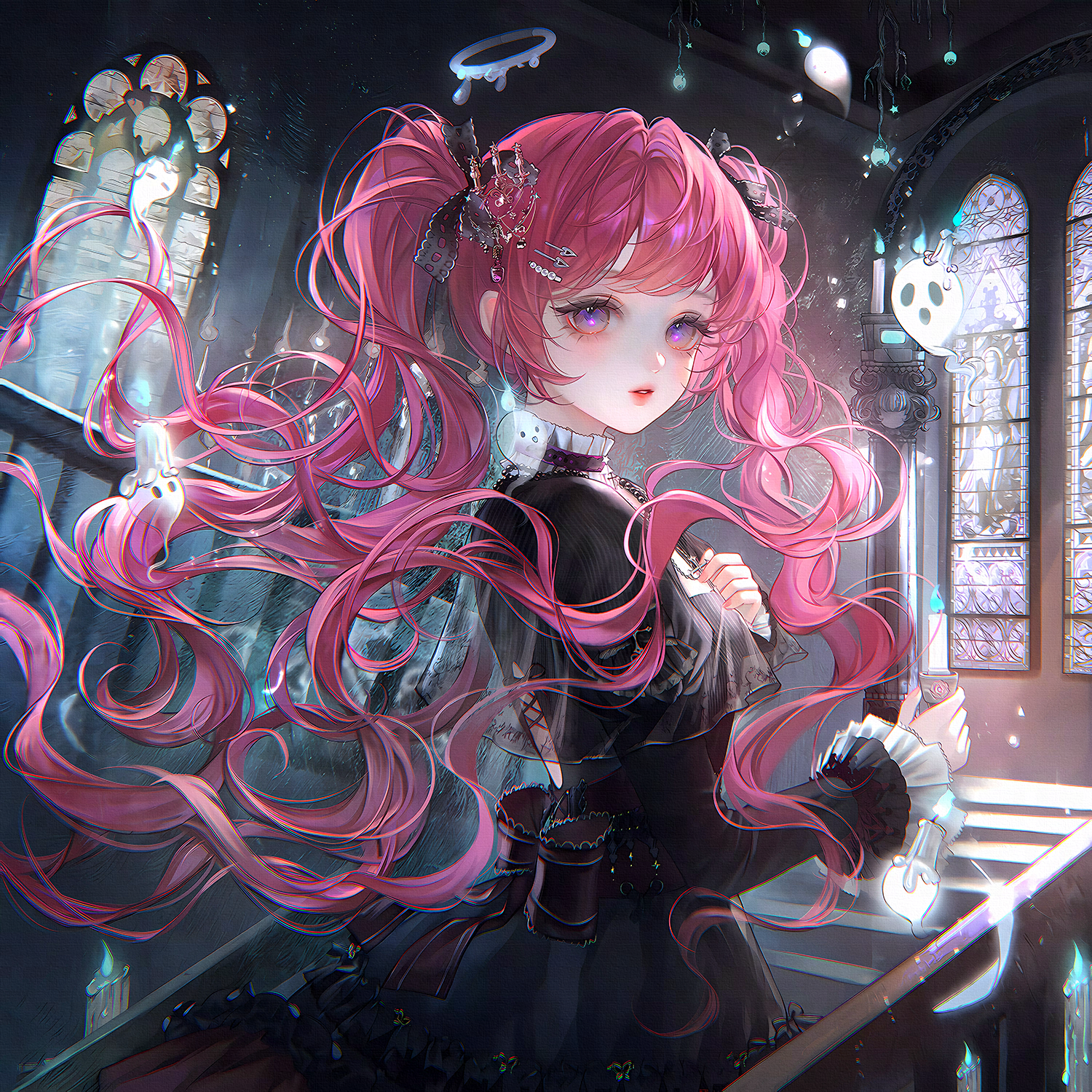 ling0, original, highres, large variant set, variant set, 1girl, black bow, black dress, bow, dress, frills, hair ornament, halo, indoors, lolita fashion, long hair, long sleeves, looking at viewer, parted lips, pink hair, purple eyes, red hair, solo, stained glass, twintails, very long hair, window