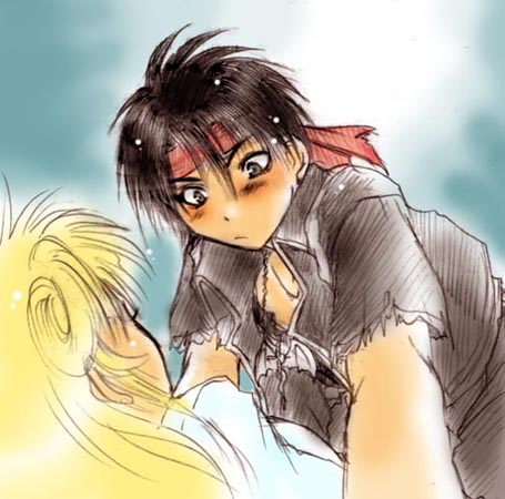hiyoko sakiyuu, cleo everlastin, orphen, majutsushi orphen, lowres, 1boy, 1girl, black hair, blonde hair, headband