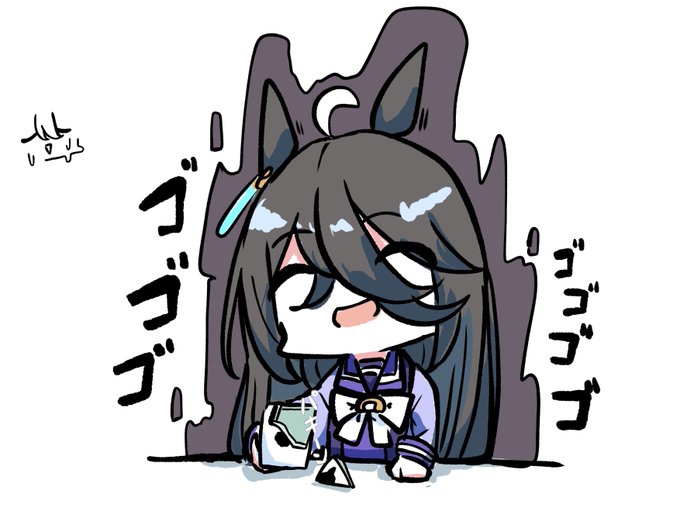 kawamochi (tddm3573), agnes tachyon (umamusume), manhattan cafe (umamusume), umamusume, translation request, 2girls, :d, ^ ^, ahoge, animal ears, black hair, bow, broken, chibi, closed eyes, cup, eyes visible through hair, hair over one eye, holding, holding cup, horse ears, long hair, long sleeves, mug, multicolored hair, multiple girls, open mouth, puffy long sleeves, puffy sleeves, purple shirt, school uniform, shirt, simple background, smile, solo focus, sweat, tracen school uniform, two-tone hair, upper body, very long hair, white background, white bow, white hair