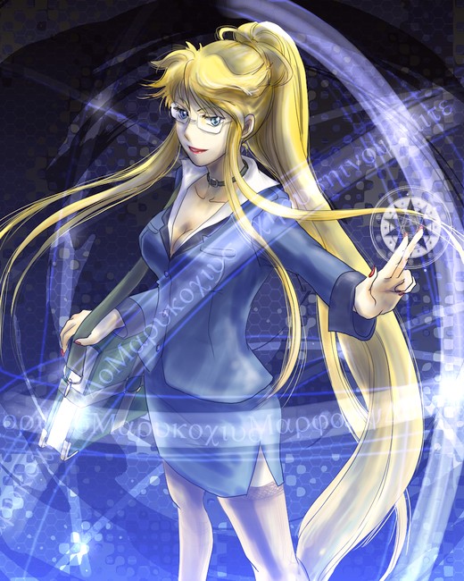 margery daw, shakugan no shana, md5 mismatch, resolution mismatch, source larger, 00s, 1girl, blonde hair, blue eyes, book, breasts, business suit, choker, cleavage, female focus, formal clothes, glasses, greek text, jacket, legs apart, long hair, magic, magic circle, pencil skirt, ponytail, skirt, skirt suit, solo, standing, suit, thighhighs, very long hair
