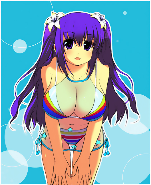 kyoku tou, arin (pangya), pangya, md5 mismatch, 1girl, bikini, blue eyes, blue hair, blush, breasts, female focus, flower, huge breasts, long hair, matching hair/eyes, smile, solo, star (symbol), summer, swimsuit