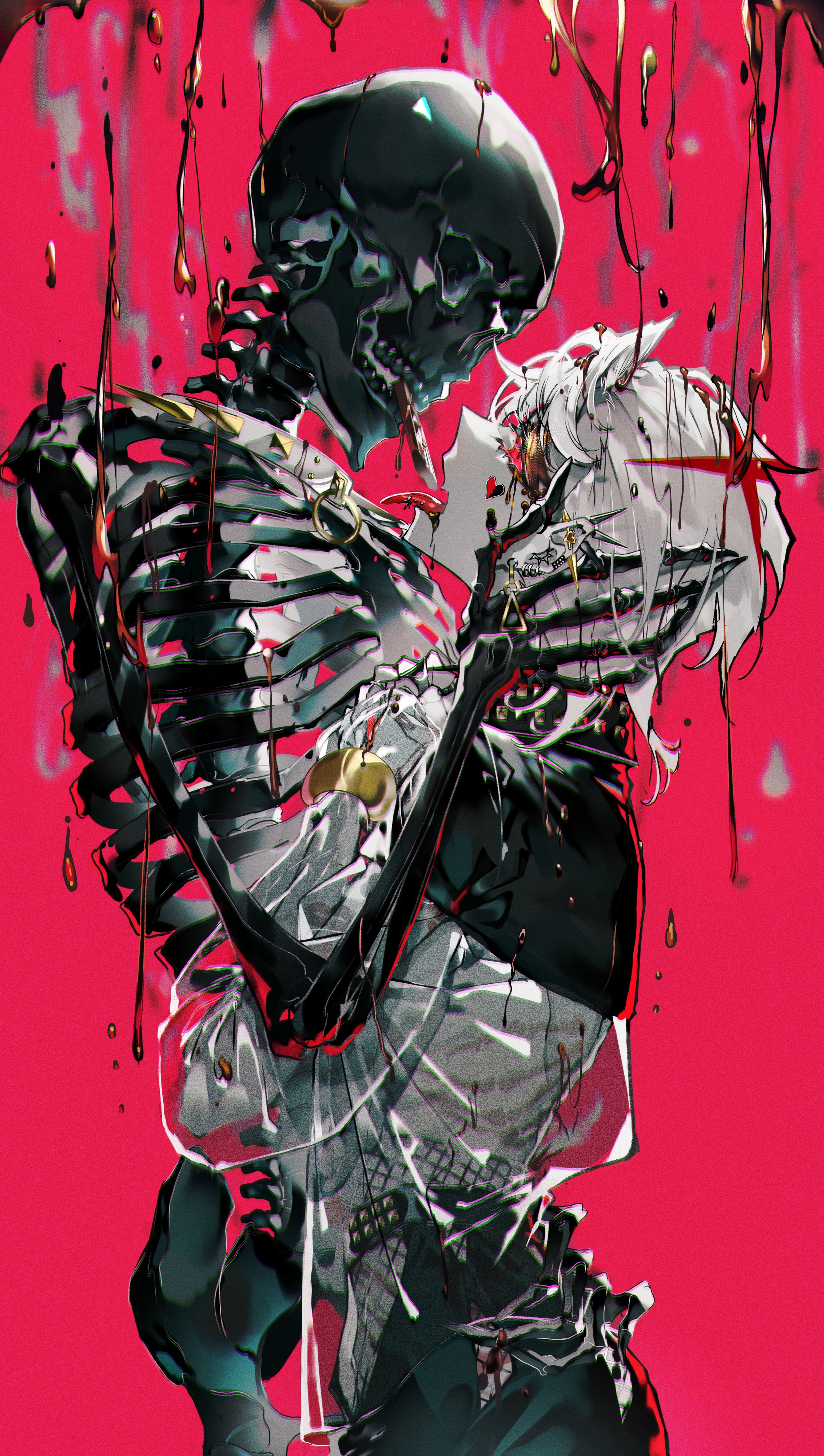 mura karuki, original, absurdres, commentary, english commentary, highres, 1boy, black pants, bone, bracelet, candy, chocolate, chocolate bar, clothing cutout, ear piercing, earrings, fishnets, food, food in mouth, gold bracelet, grabbing another's face, head grab, jewelry, knife, long sleeves, looking at another, male focus, pants, piercing, red background, red eyes, see-through clothes, see-through sleeves, short hair, skeleton, skull, solo, tongue, tongue out, tongue piercing, white hair