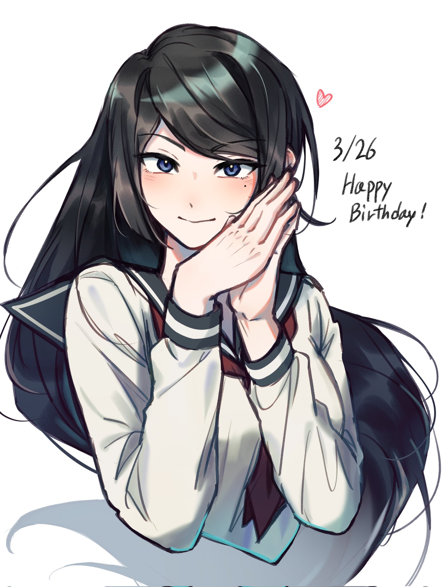 mangseok bsd, tanizaki naomi, bungou stray dogs, hashtag-only commentary, highres, 1girl, black hair, black sailor collar, blue eyes, closed mouth, cropped torso, dated, dot nose, english text, eyelashes, hand on own cheek, hand on own face, happy, happy birthday, heart, light blush, long hair, long sleeves, mole, mole under eye, neckerchief, own hands together, red neckerchief, sailor collar, school uniform, serafuku, shirt, simple background, smile, solo, tsurime, very long hair, white background, white shirt