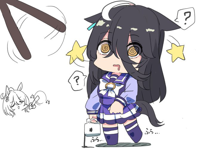 kawamochi (tddm3573), agnes tachyon (umamusume), manhattan cafe (umamusume), umamusume, 2girls, ?, @ @, afterimage, ahoge, animal ears, black hair, bow, brown eyes, coffee, cup, ears through headwear, hair between eyes, holding, holding cup, horse ears, horse girl, horse tail, long sleeves, mug, multicolored hair, multiple girls, pleated skirt, puffy long sleeves, puffy sleeves, purple shirt, purple skirt, purple thighhighs, school uniform, seeing stars, shadow, shirt, simple background, skirt, solo focus, spilling, spoken question mark, standing, standing on one leg, star (symbol), tail, thighhighs, tracen school uniform, two-tone hair, white background, white bow, white hair