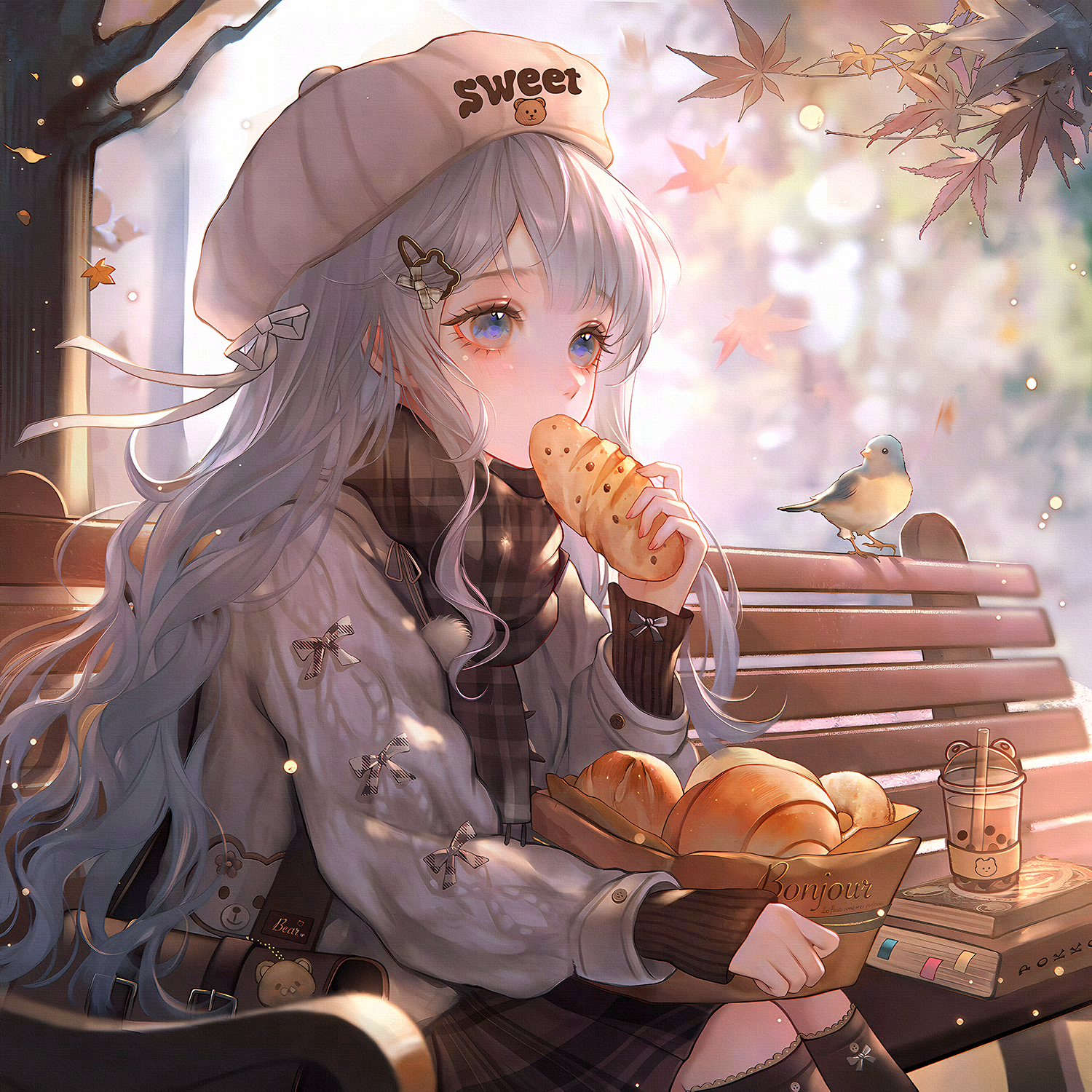 ling0, original, highres, large variant set, variant set, 1girl, autumn, autumn leaves, bag, bench, bird, blue eyes, blush, coat, eating, food, grey hair, hair ornament, hairclip, hat, holding, holding food, jacket, leaf, long hair, long sleeves, outdoors, plaid clothes, plaid scarf, scarf, sitting, socks, solo, sweater, tree