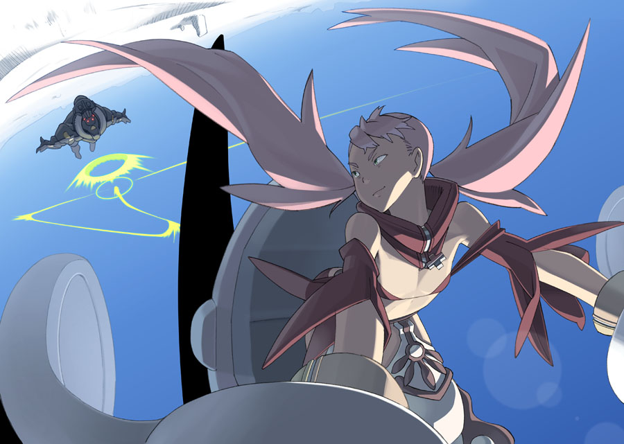 go robots, cynthia lane, overman king gainer, 00s, bikini, bikini top only, flat chest, long hair, mecha, pink hair, robot, solo, swimsuit, twintails