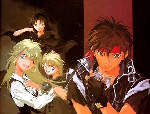 azalie cait sith, cleo everlastin, leki, majic lin, orphen, majutsushi orphen, 2boys, 2girls, black hair, blonde hair, fingerless gloves, gloves, headband, multiple boys, multiple girls, one eye closed, open mouth, short hair