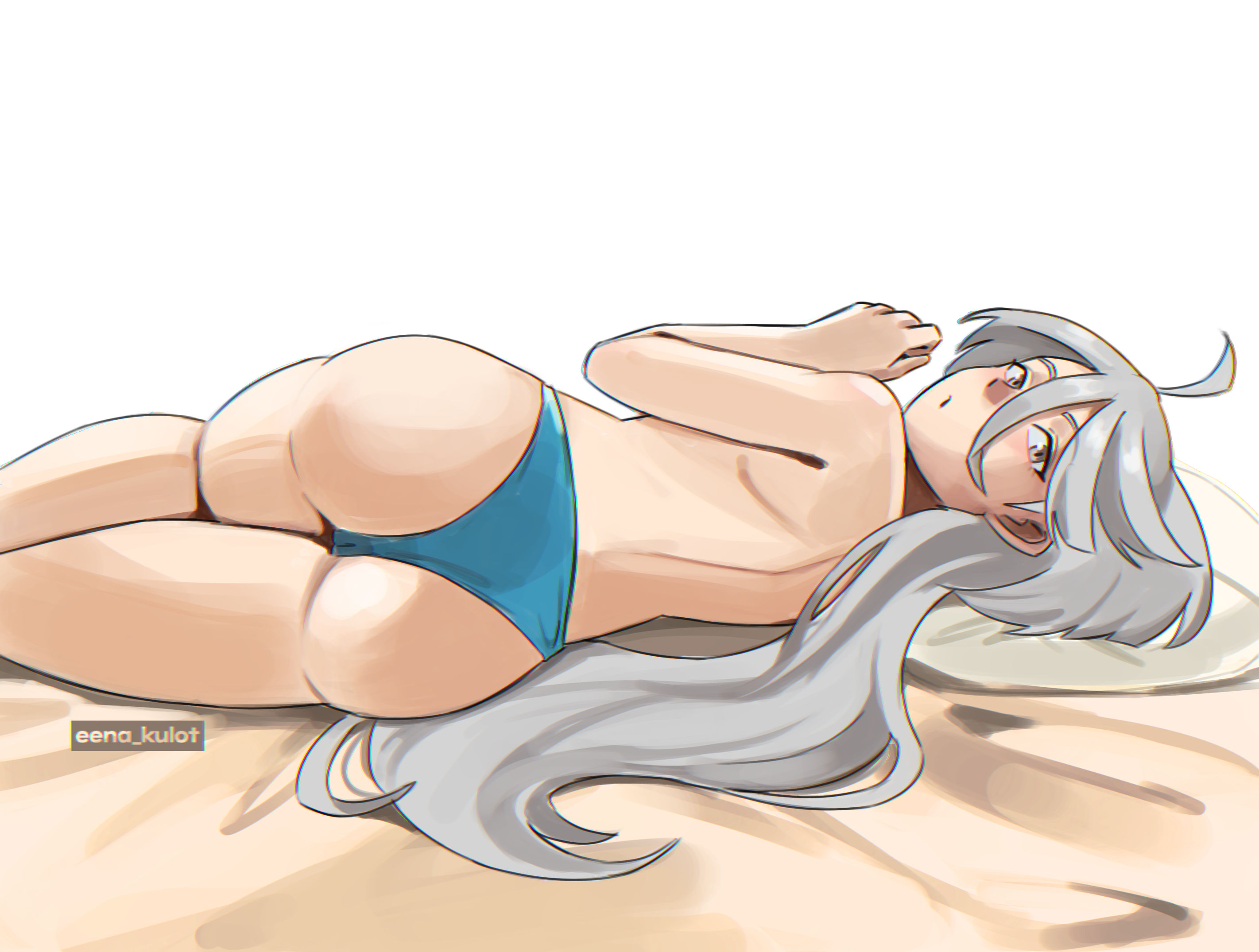 eenakulot, miorine rembran, gundam, gundam suisei no majo, commentary, english commentary, highres, 1girl, artist name, ass, blue panties, from behind, grey eyes, grey hair, long hair, looking back, lying, on side, panties, parted lips, simple background, solo, topless female, underwear, white background