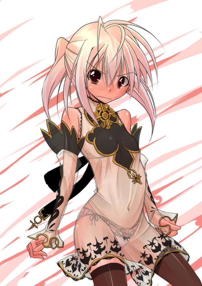 nob, fantasy earth zero, translation request, blush, lingerie, panties, pink hair, see-through clothes, side-tie panties, solo, thighhighs, underwear, zettai ryouiki
