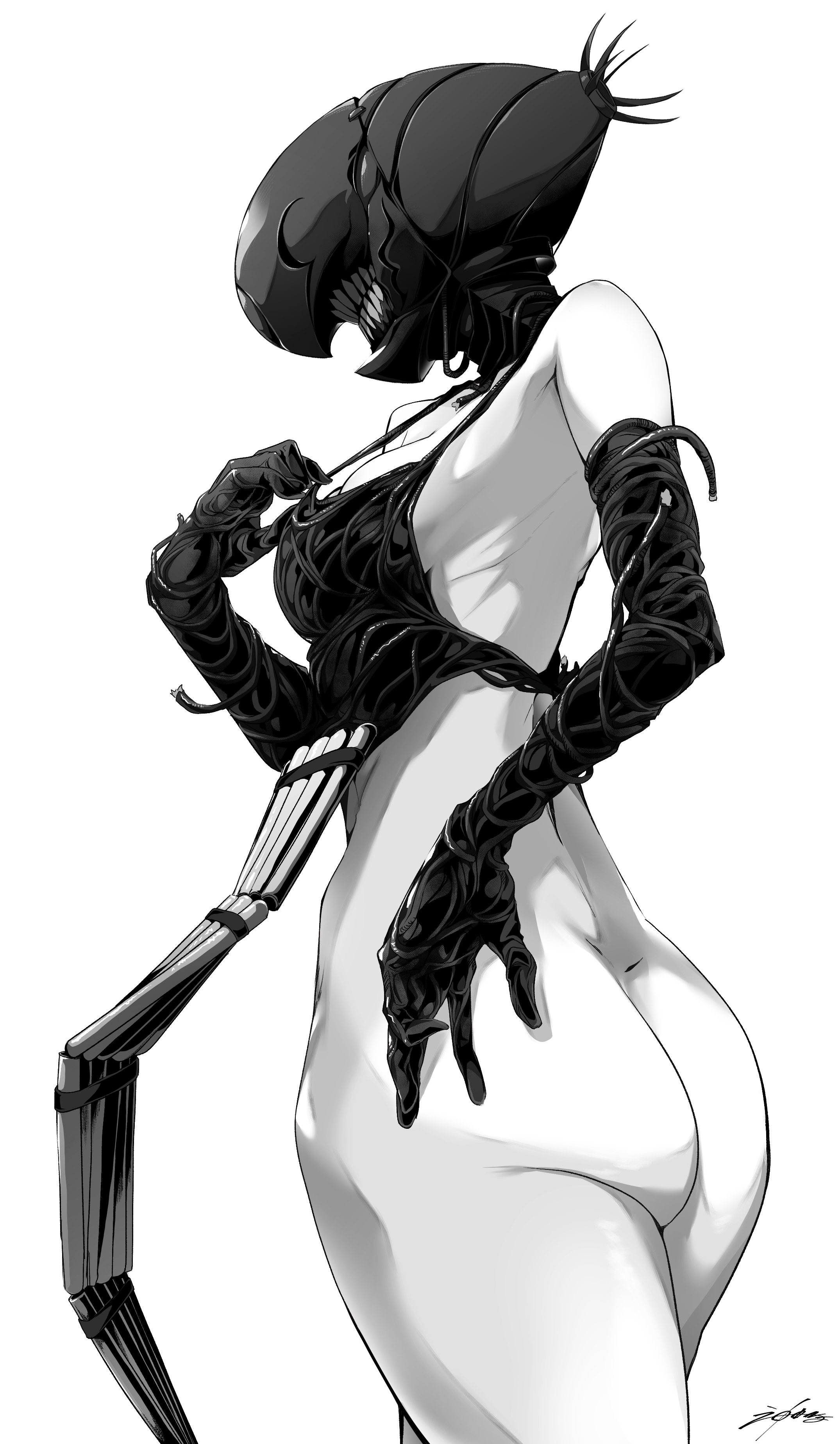 kanda mijinko, bomb devil (chainsaw man), chainsaw man, absurdres, highres, 1girl, apron, ass, breasts, dynamite, elbow gloves, explosive, gloves, naked apron, object head, signature, small breasts, solo