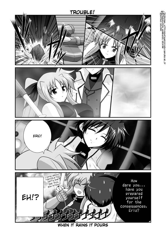 mikage takashi, erio mondial, fate testarossa, fate testarossa (true sonic form), strada, lyrical nanoha, mahou shoujo lyrical nanoha, mahou shoujo lyrical nanoha strikers, hard-translated, third-party edit, translated, 00s, 1boy, 1girl, belt, closed eyes, coat, comic, english text, fingerless gloves, gauntlets, gloves, greyscale, magical boy, magical girl, monochrome, open clothes, open coat, smile, twintails