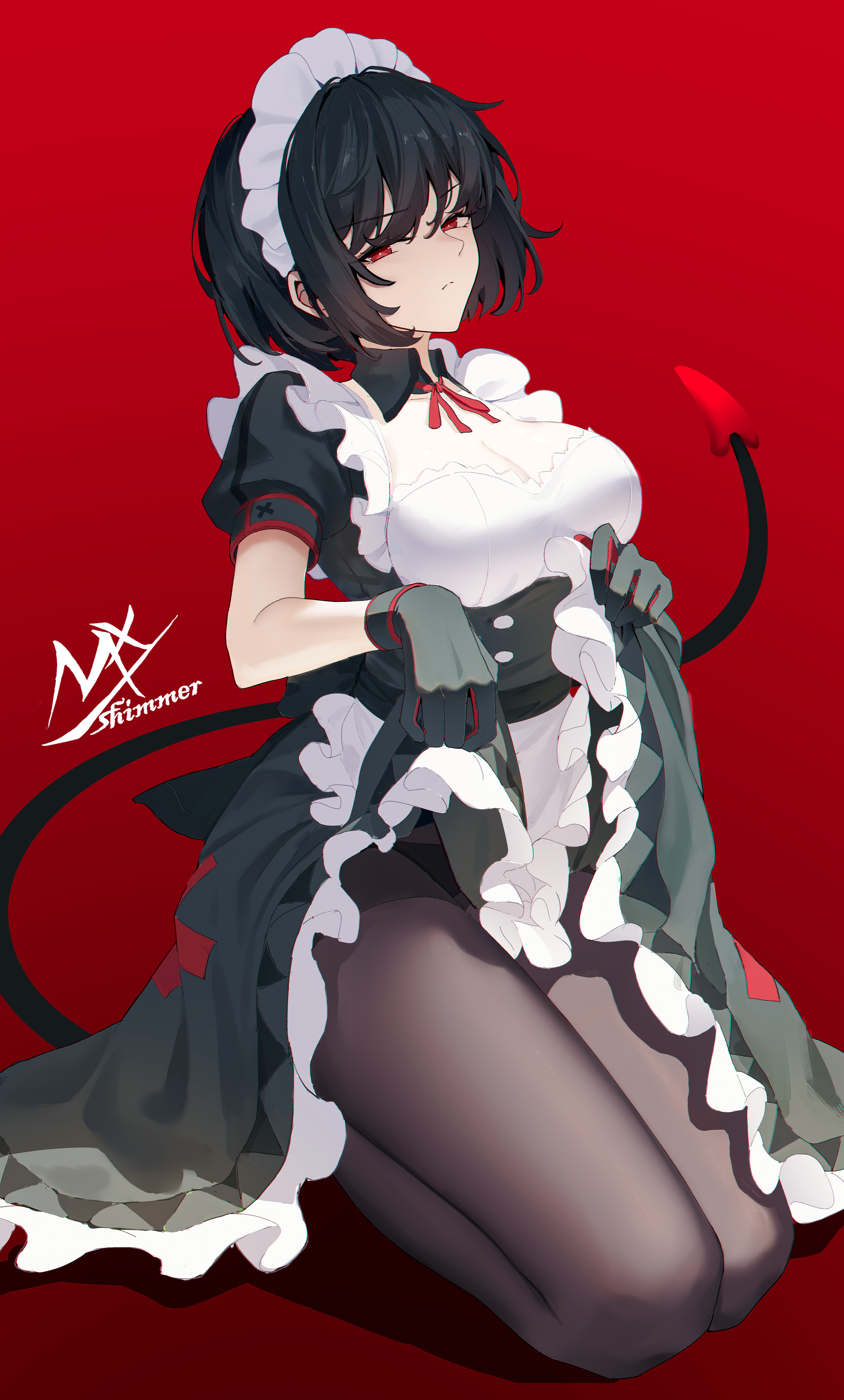 shimmer, black-haired demon girl (shimmer), original, absurdres, highres, 1girl, apron, black dress, black gloves, black hair, breasts, brown pantyhose, cleavage, closed mouth, clothes lift, demon tail, dress, dress lift, frilled apron, frilled dress, frills, gloves, half-closed eyes, lifting own clothes, looking at viewer, maid, maid headdress, medium breasts, pantyhose, puffy short sleeves, puffy sleeves, red background, red eyes, seiza, shadow, short sleeves, sitting, solo, tail, white apron