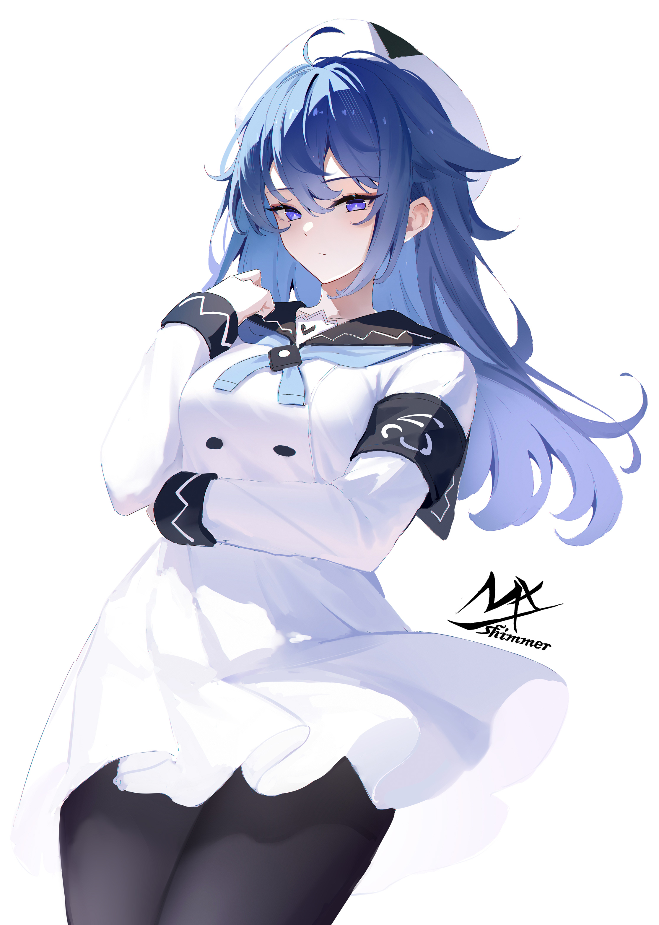shimmer, original, absurdres, highres, 1girl, armband, artist name, beret, black pantyhose, blue hair, breasts, closed mouth, dress, hair between eyes, hand up, hat, long hair, long sleeves, medium breasts, pantyhose, purple eyes, simple background, solo, white background, white dress, white hat