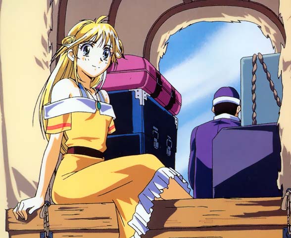 cleo everlastin, majutsushi orphen, luggage, belt, blonde hair, blue eyes, dress, jewelry, long hair, necklace, off shoulder, pendant, sitting, smile, solo, suitcase, wagon