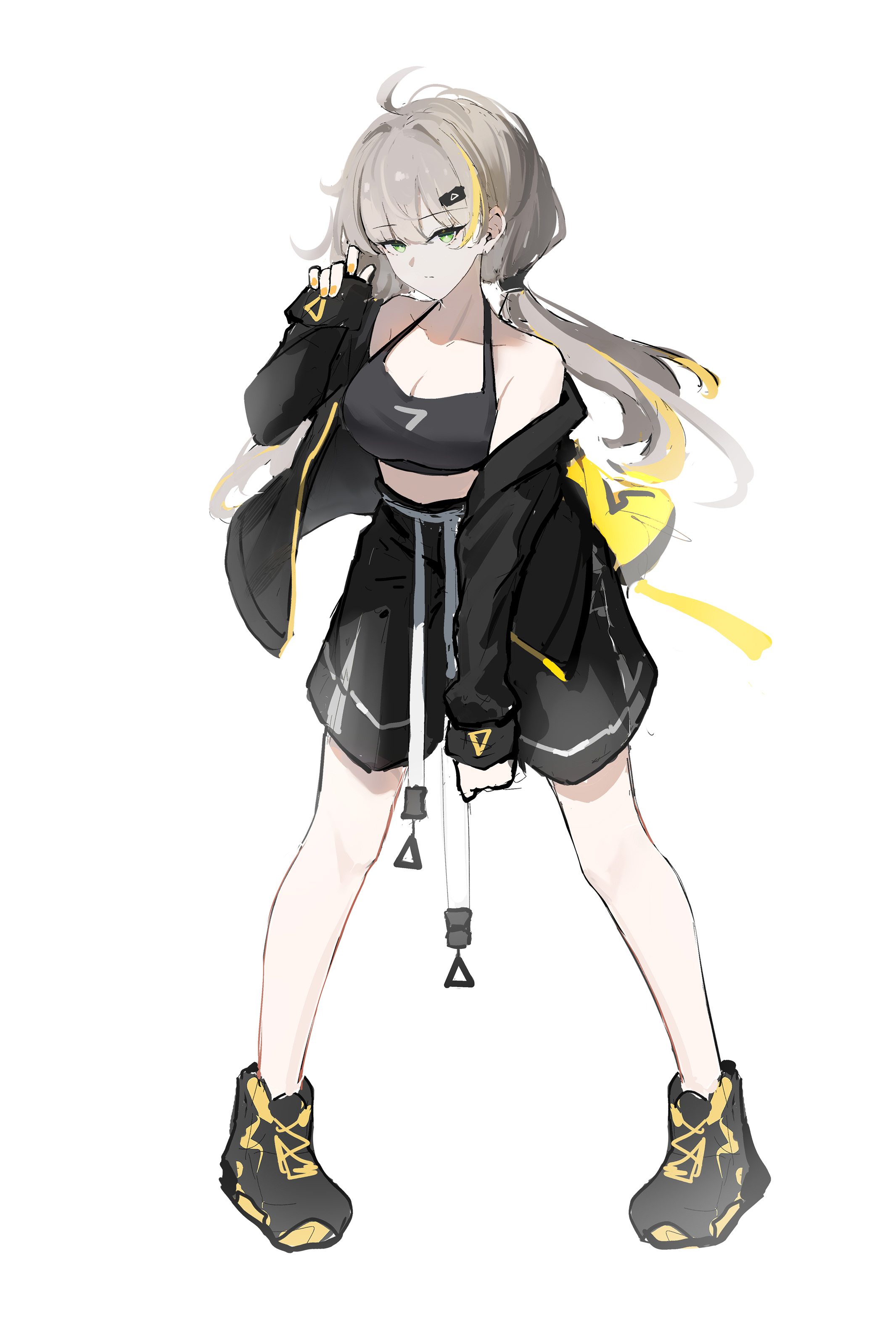 shimmer, original, absurdres, highres, 1girl, backpack, bag, black jacket, black shoes, black shorts, blonde hair, breasts, cleavage, full body, green eyes, grey hair, hair between eyes, hair ornament, hairclip, hand up, jacket, long hair, long sleeves, low twintails, medium breasts, multicolored hair, off shoulder, open clothes, open jacket, pinching sleeves, shoes, shorts, simple background, sketch, sleeves past wrists, solo, standing, streaked hair, twintails, very long hair, white background