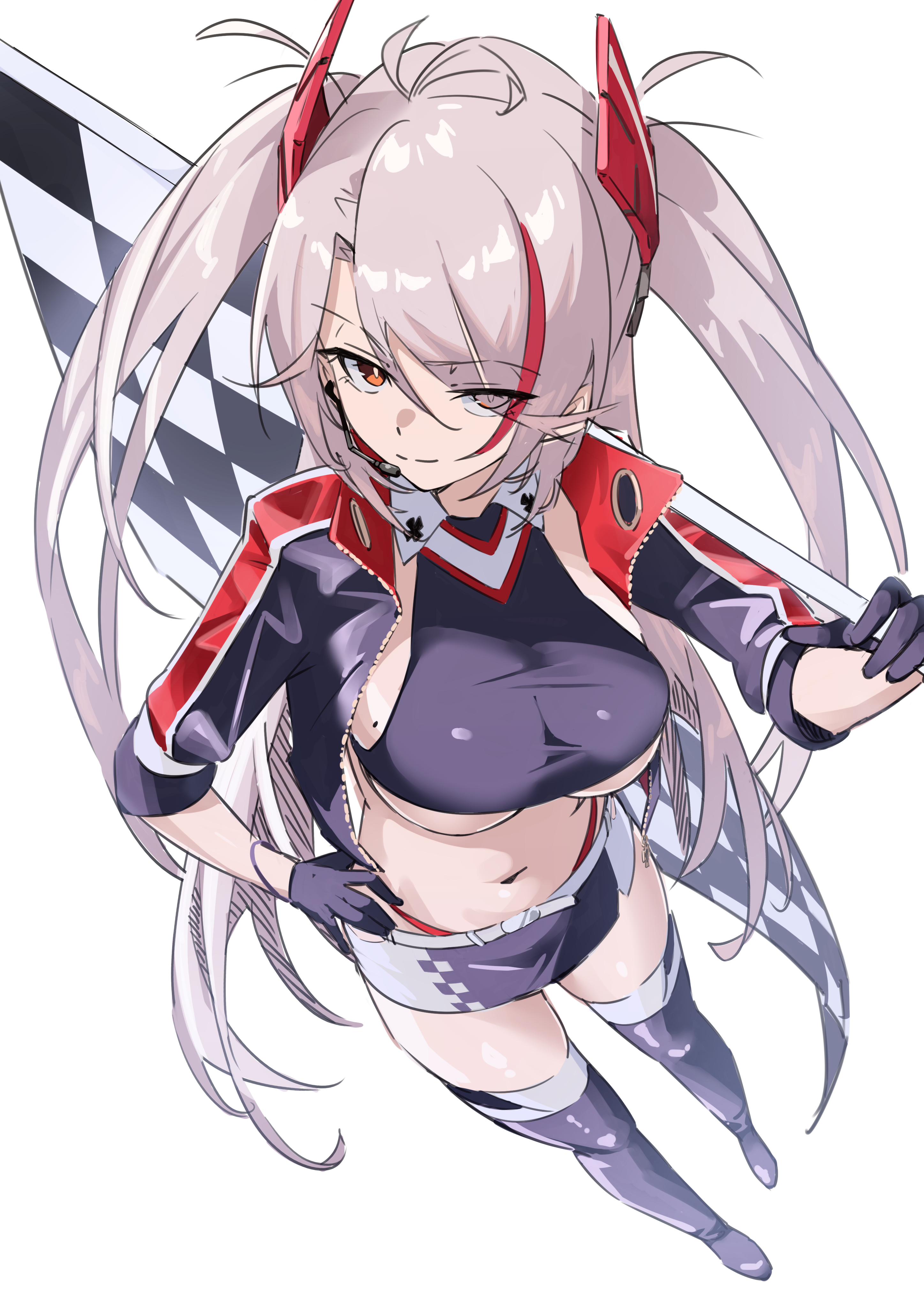 nukege ojisan, prinz eugen (azur lane), prinz eugen (final lap) (azur lane), azur lane, absurdres, highres, 1girl, belt, black skirt, breasts, checkered flag, clothing cutout, cropped jacket, cropped shirt, flag, from above, grey hair, jacket, large breasts, long hair, looking at viewer, midriff, miniskirt, multicolored hair, multicolored jacket, name connection, official alternate costume, panties, panty straps, race queen, red hair, red panties, simple background, skirt, solo, stomach, streaked hair, twintails, two-tone jacket, two-tone skirt, underboob cutout, underwear, white background, white belt, yellow eyes