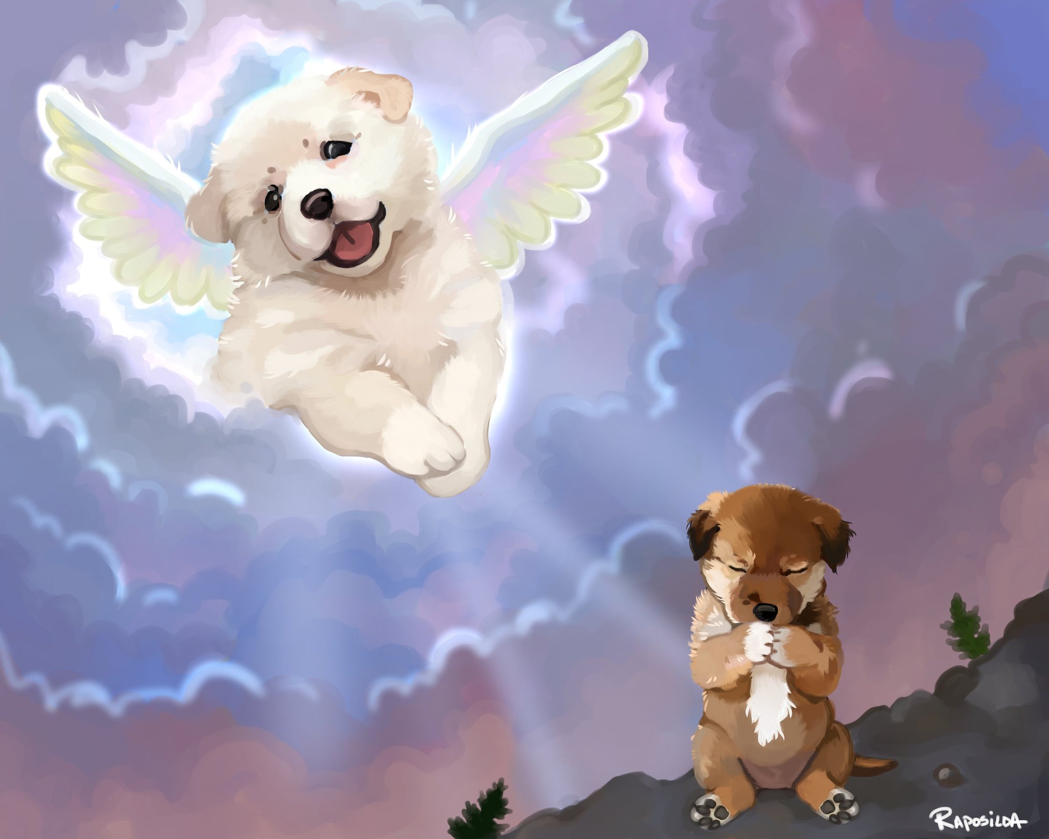 doggo revolution, original, highres, animal, animal focus, artist name, baby animal, blue wings, brown dog, closed eyes, cloud, cloudy sky, dog, multicolored wings, no humans, outdoors, pink wings, puppy, sky, white dog, white wings, wings