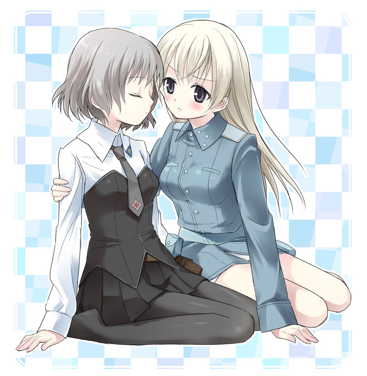 kimishima ao, eila ilmatar juutilainen, sanya v. litvyak, strike witches, world witches series, silver hair, bad id, bad pixiv id, 00s, 2girls, black pantyhose, couple, multiple girls, pantyhose, yuri