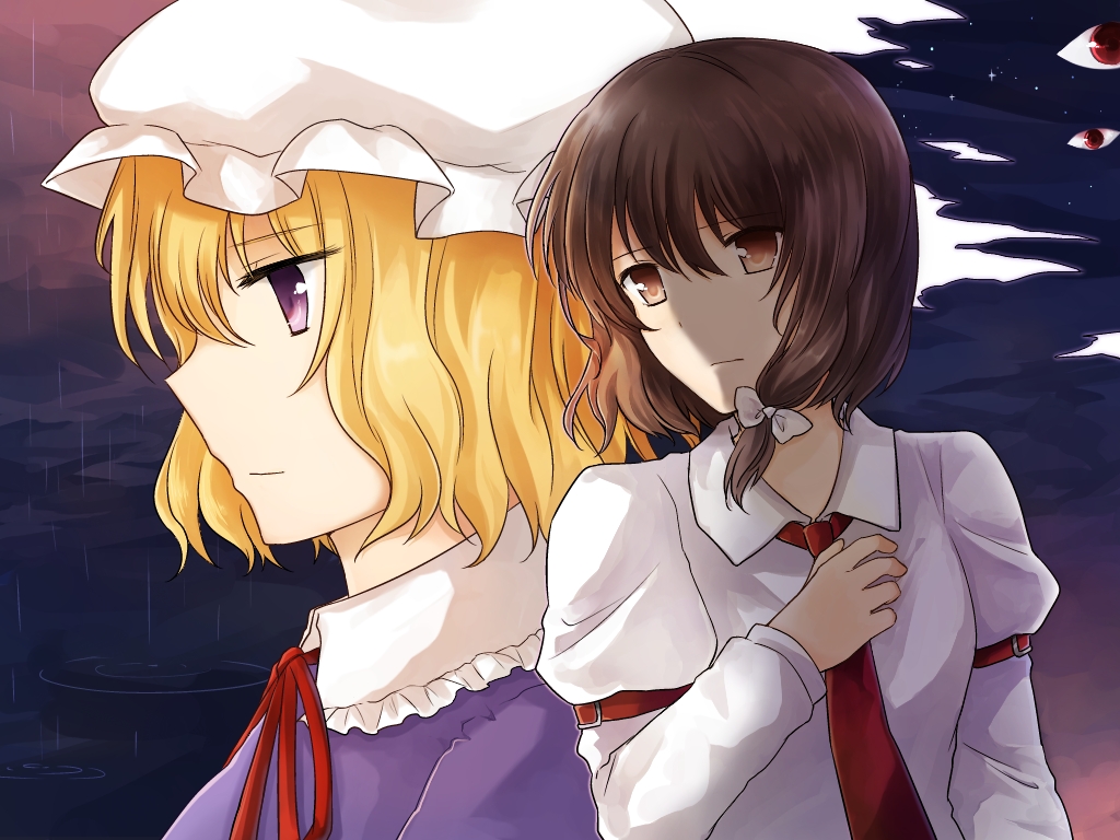 koto (shiberia39), maribel hearn, usami renko, touhou, 2girls, arm garter, blonde hair, bow, bowtie, breasts, brown eyes, brown hair, cloud, collar, disembodied eye, dress, hair between eyes, hand on own chest, hat, long sleeves, mob cap, multiple girls, necktie, night, night sky, no headwear, partially shaded face, purple dress, purple eyes, rain, red ribbon, ribbon, sad, shirt, short hair, sky, star (sky), white bow, white collar, white hat, white shirt