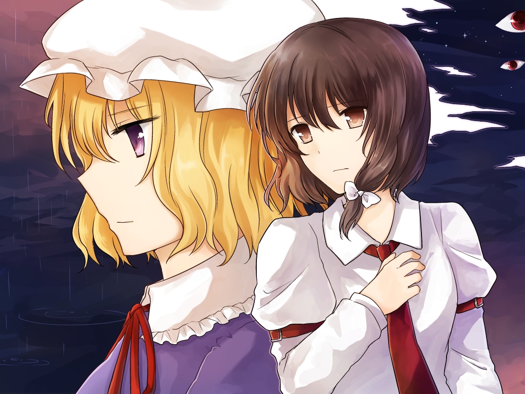 koto (shiberia39), maribel hearn, usami renko, touhou, 2girls, arm garter, blonde hair, bow, bowtie, breasts, brown eyes, brown hair, cloud, collar, disembodied eye, dress, hair between eyes, hand on own chest, hat, long sleeves, mob cap, multiple girls, necktie, night, night sky, no headwear, purple dress, purple eyes, rain, red ribbon, ribbon, sad, shirt, short hair, sky, star (sky), white bow, white collar, white hat, white shirt