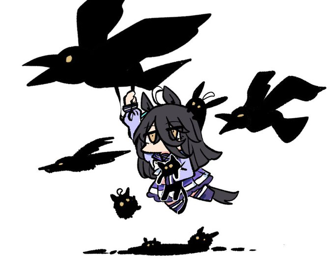 kawamochi (tddm3573), manhattan cafe (umamusume), umamusume, 1girl, ahoge, animal, animal ears, arm up, bird, black hair, brown eyes, chibi, eyes visible through hair, hair over one eye, horse ears, horse girl, horse tail, long hair, long sleeves, mini person, minigirl, multicolored hair, no shoes, pleated skirt, puffy long sleeves, puffy sleeves, purple shirt, purple skirt, purple thighhighs, school uniform, shirt, simple background, skirt, tail, thighhighs, tracen school uniform, two-tone hair, very long hair, white background, white hair