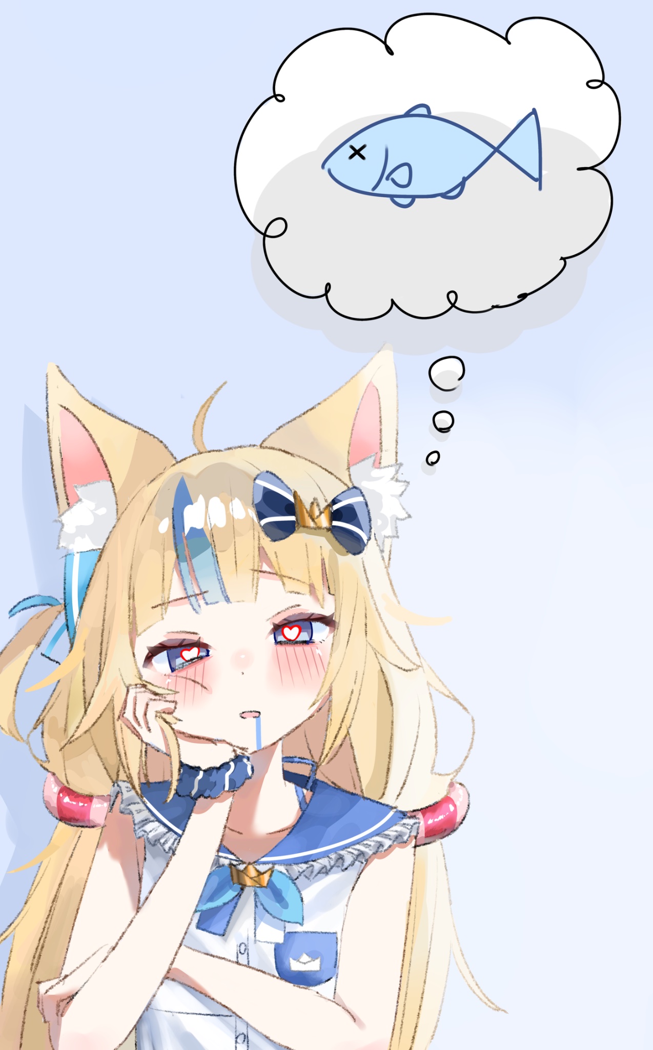 sameko saba, sameko saba (fish), indie virtual youtuber, highres, 1girl, ahoge, animal ear fluff, animal ears, blonde hair, blue eyes, blue hair, bow, cat ears, dreaming, dress, drooling, fish, fish girl, frilled sailor collar, frills, heart, heart-shaped pupils, imagining, lifebuoy hair ornament, long hair, looking at viewer, low twintails, multicolored hair, paper boat, sailor collar, saliva, solo, speech bubble, streaked hair, symbol-shaped pupils, thought bubble, twintails, virtual youtuber, white dress, yoro chan0820