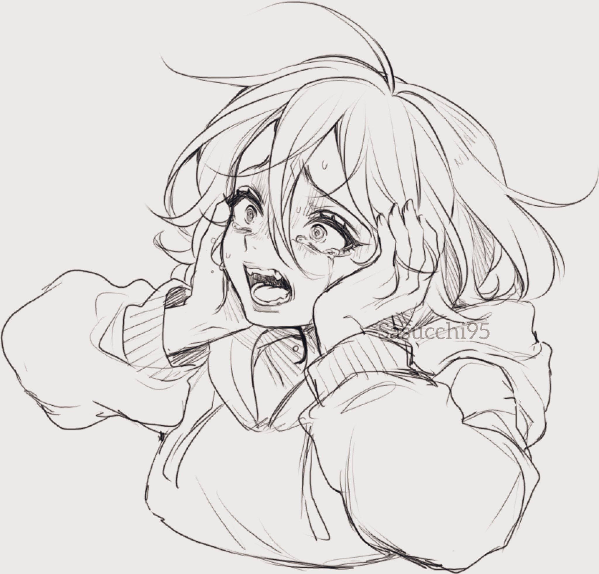 sasucchi95, original, distress, commentary, english commentary, highres, 1girl, artist name, artist self-insert, breasts, cropped torso, crying, crying with eyes open, double-parted bangs, drawstring, fangs, fingernails, grey background, greyscale, hair between eyes, hands on own cheeks, hands on own face, hatching (texture), hood, hood down, hoodie, long sleeves, looking ahead, looking up, messy hair, monochrome, open mouth, puffy long sleeves, puffy sleeves, raised inner eyebrows, sasu (sasucchi95), scared, short hair, simple background, small breasts, solo, tears, teeth, tongue