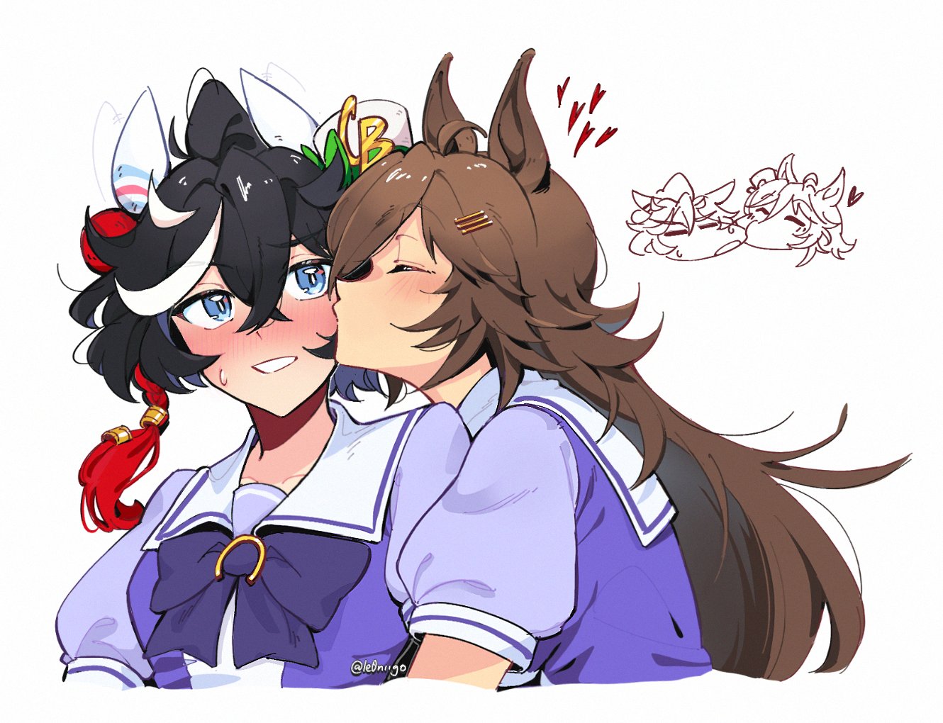 le0niigo, katsuragi ace (umamusume), mr. c.b. (umamusume), umamusume, commentary, symbol-only commentary, 2girls, animal ears, black hair, blue eyes, blush, brown hair, closed eyes, grin, heart, horse ears, horse girl, kiss, kissing cheek, long hair, multiple girls, purple shirt, school uniform, shirt, simple background, smile, tracen school uniform, upper body, white background, white streaks, yuri