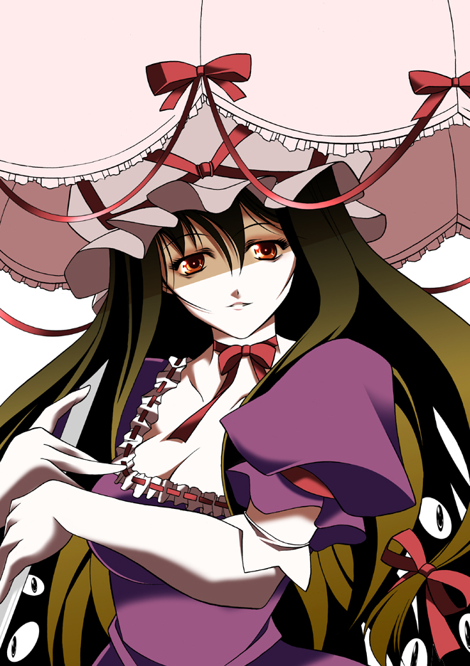 usuusu, yutaka, yakumo yukari, touhou, 1girl, blonde hair, breasts, cleavage, dress, female focus, gap (touhou), hat, long hair, parasol, red eyes, ribbon, simple background, solo, umbrella, white background