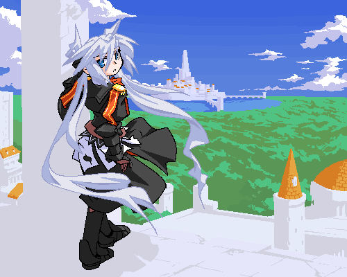 mof, mof's silver haired twintailed girl, original, silver hair, lowres, armor, blue eyes, castle, cloud, day, forest, gauntlets, long hair, nature, oekaki, sky, solo, standing, twintails