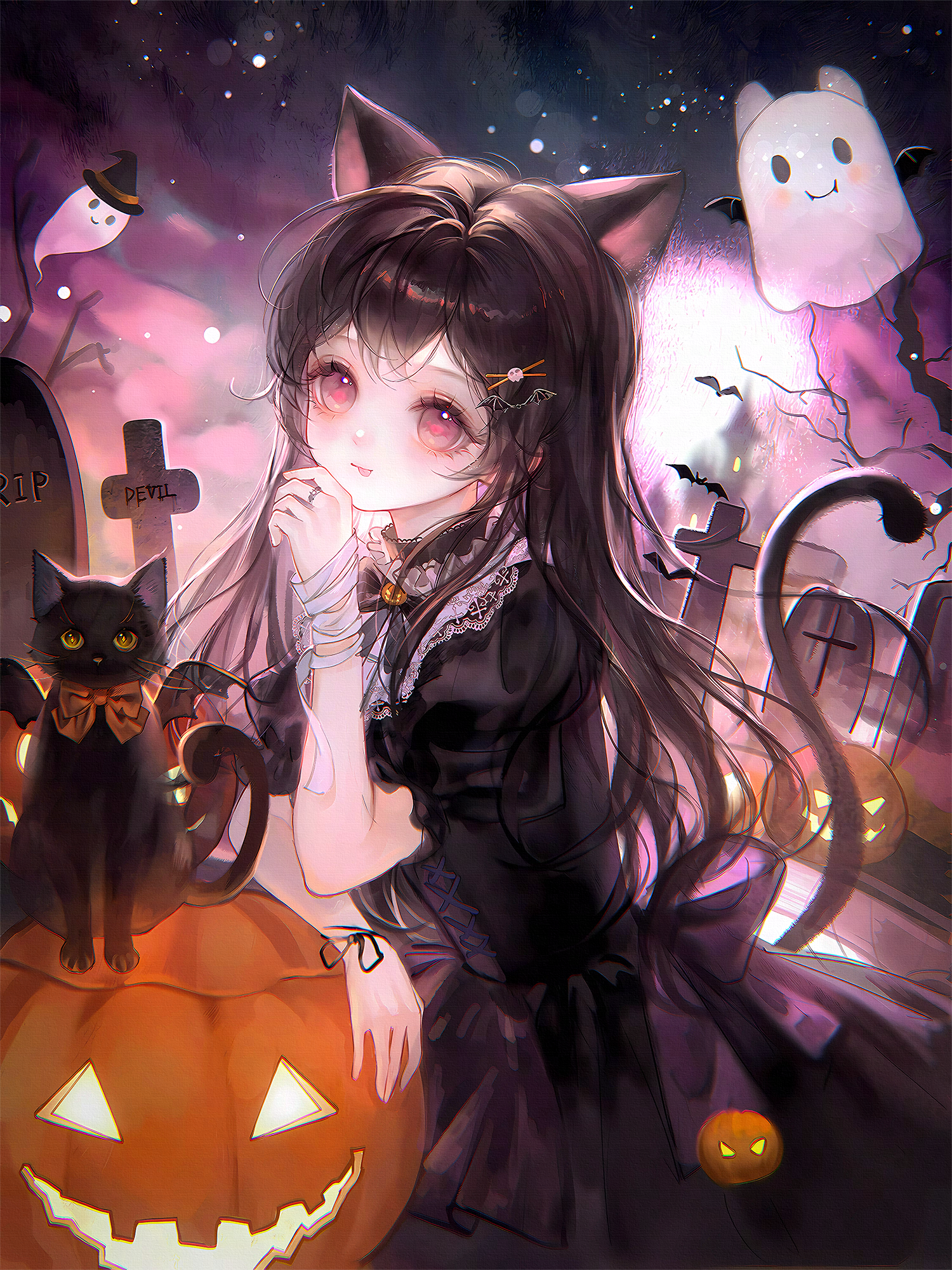 ling0, original, highres, large variant set, variant set, 1girl, animal, animal ears, bat (animal), black bow, black cat, black dress, black hair, blush, bow, bowtie, cat, cat ears, cat girl, cat tail, cross, dress, ghost, graveyard, hair ornament, halloween, hand up, jack-o'-lantern, long hair, looking at viewer, night, outdoors, parted lips, pink eyes, puffy short sleeves, puffy sleeves, pumpkin, red eyes, short sleeves, sky, solo, tail, tombstone