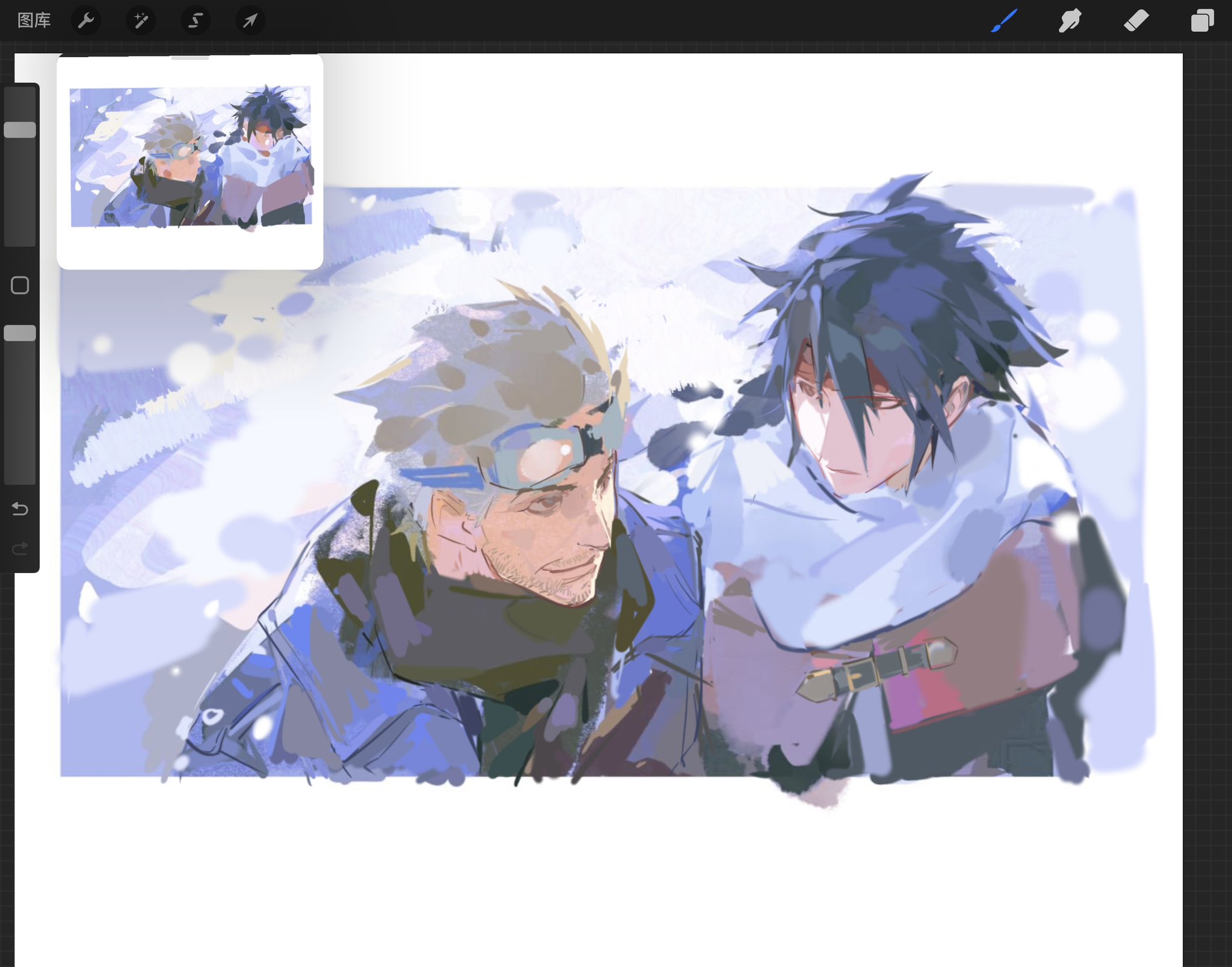 lokko nai, cid highwind, vincent valentine, final fantasy, final fantasy vii, highres, 2boys, art program in frame, beard stubble, black hair, black scarf, blonde hair, blue jacket, border, cloak, facial hair, goggles, goggles on head, hair between eyes, headband, jacket, long hair, looking at another, male focus, multiple boys, red cloak, red headband, scarf, short hair, sketch, smile, snow, stubble, upper body, white border, white scarf
