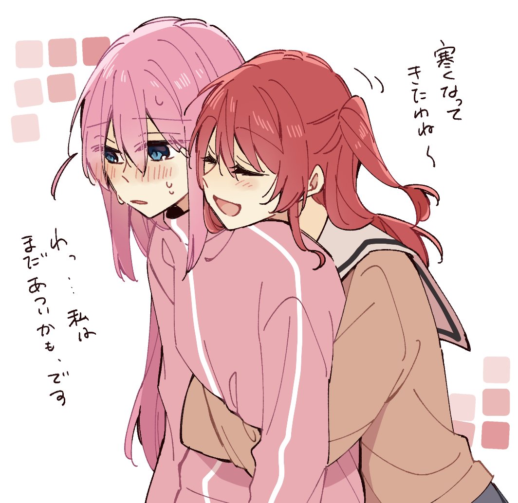 yuuta (monochrome), gotoh hitori, kita ikuyo, bocchi the rock!, translation request, 2girls, blue eyes, blush, brown shirt, closed eyes, hug, hug from behind, jacket, long hair, long sleeves, multiple girls, one eye closed, open mouth, pink hair, pink jacket, red hair, sailor collar, school uniform, shirt, shuka high school uniform, smile, sweat, track jacket, white background, white sailor collar, yuri