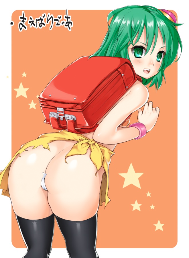 nagase haruhito, rydia (adult) (ff4), rydia (ff4), final fantasy, final fantasy iv, bad id, bad pixiv id, translation request, 1990s (style), 1girl, aged down, ass, backpack, bag, bandaid, bandaids on nipples, black thighhighs, blush, female focus, green eyes, green hair, loli, maebari, matching hair/eyes, open mouth, pasties, randoseru, retro artstyle, short hair, solo, star (symbol), text focus, thighhighs, torn clothes
